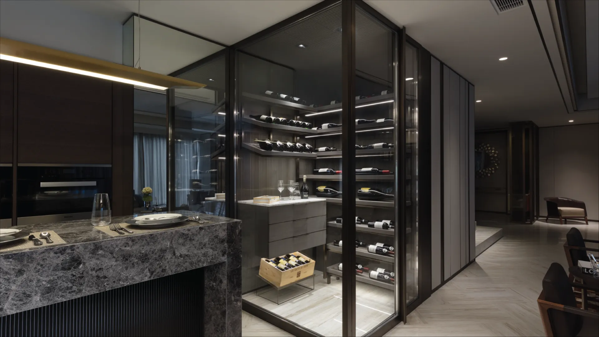 Sensis glass-walled wine room beside a marble kitchen island