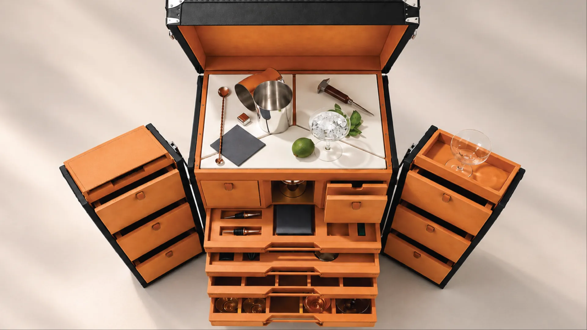 T.T. Trunks bar trunk opened out with its drawers